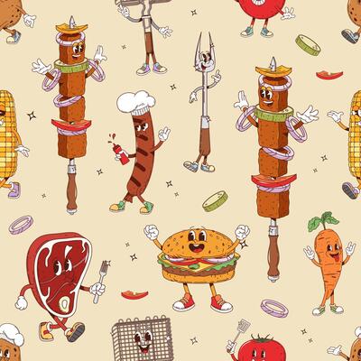 Groovy barbeque characters, bbq grill pattern