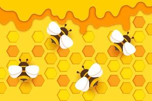 Paper cut honeycombs and honey bee background vector