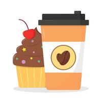 Coffee to go and cupcake icon isolated on white background. vector