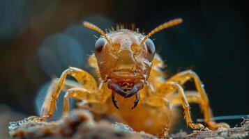 A close-up photo of an ancient ant on a surface.
