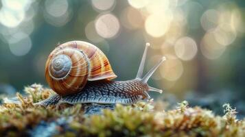 A snail crawling on a mossy forest floor with glowing lights in the background. photo