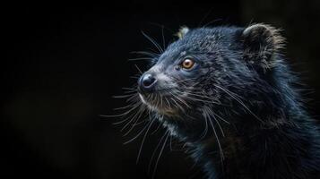 A close-up shot of a carnivorous predator staring into the camera with its eyes wide open. photo