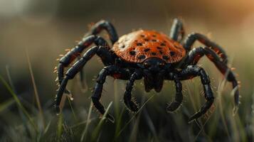 A close-up photo of a vibrant red spider with many eyes.