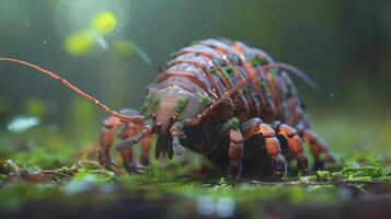 An underwater creature with red and black shell on a surface covered with green seaweed. photo