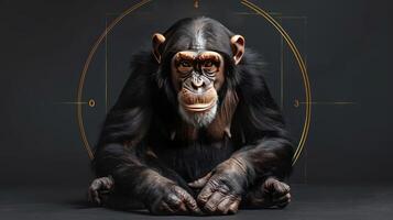 A chimpanzee sitting and looking at a laser target aimed at it. photo