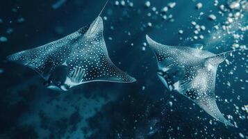 A close-up of stingrays swimming near each other in an underwater environment. photo