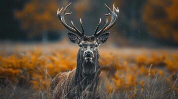 A beautiful adult deer with impressive antlers stands majestically against a backdrop of autumn foliage. photo