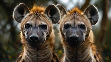 Double portrait of two hyenas facing each other with their mouths open photo