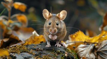 A cute mouse with pink ears and whiskers among fall leaves. photo