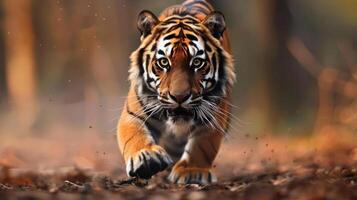 depicts a majestic tiger running swiftly through a lush, leaf-covered forest during autumn. photo