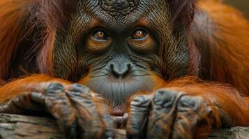 Close-up photo of an orangutan resting its hand on a branch.