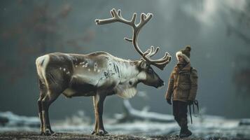 A young girl encounters a moose, creating an intimate connection between human and nature. photo