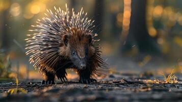 A photograph of a pangolin walking on the ground with an autumn forest background. photo
