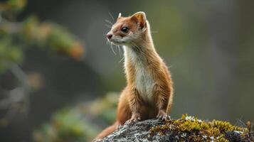 A small tree squirrel perched on a rock with a mountainous backdrop. photo