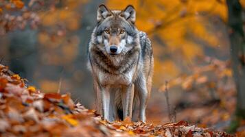 A wolf walks through a fall forest. photo