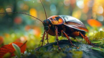 Close-up of a beetle bug on a leaf with autumn foliage. photo