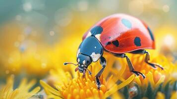 a vividly colored ladybug standing on top of vibrant yellow flowers. photo