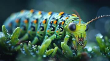 Small yellow and green insect on a plant leaf with drops of water around it. photo