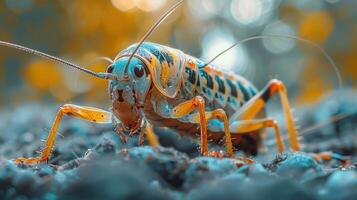 A close-up of a brightly colored stick bug on a surface photo