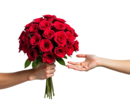 Red roses bouquet held by one hand and offered to another hand, isolated on transparent background, symbolizing love and affection. Flower delivery concept png