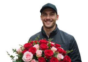 Close-up of a smiling man in a black cap and jacket holding a bouquet of red and pink roses, isolated on a transparent background. Flower delivery concept png