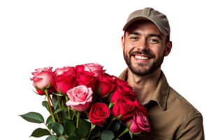 Man courier holding vibrant red and pink roses, isolated on transparent background. Concept of joy and romance png