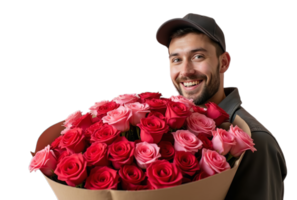 Smiling man in a cap holding a large bouquet of red and pink roses, isolated on transparent background, Flower delivery concept. png