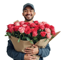 Smiling man courier in a vibrant bouquet of red and pink roses on transparent background. Flower delivery concept. png