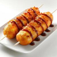 A plated dish of grilled corn on the cob topped with barbecue sauce and seasoning. photo