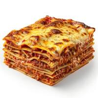 A stack of three cheesy lasagnas with red sauce and cheese topping on a white background. photo