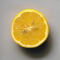 A yellow lemon slice with visible oil droplets and a thin brown zest on top. photo