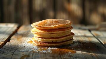 araffe pancakes stacked on top of each other on a wooden table photo