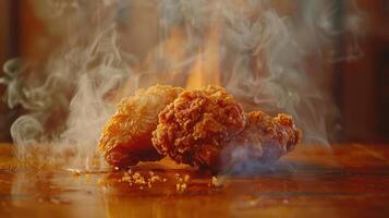 a fried chicken on a table with smoke coming out of it photo