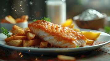a plate of fish and fries on a table photo