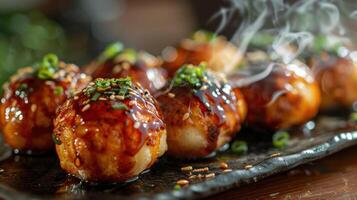 a lot of food on a plate with smoke coming out of it photo