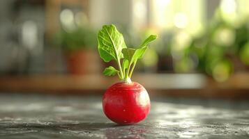 a small radish with a leafy sprout in it photo