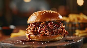 a pulled pork sandwich with barbecue sauce on a wooden board photo
