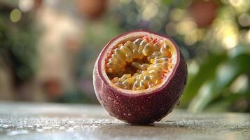a close up of a passion fruit on a table photo