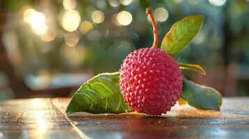 A litchi fruit is sitting on a table photo