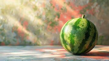 a watermelon sitting on a table with a blurry background photo