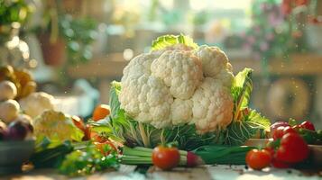 a cauliflower and other vegetables on a table photo