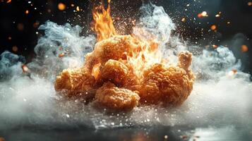 Chicken bites blowing up in a cloud of flame, with the words 'CHICKEN EXPLOSION' photo