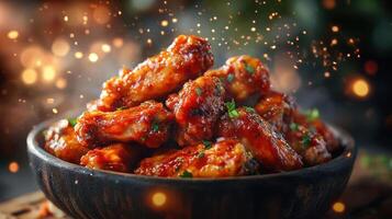 Chicken wings with a flavorful red sauce, ready to be savored. photo