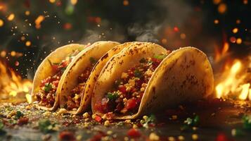 A close-up of delicious tacos with a fiery touch, photo