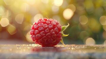 A raspberry is sitting on a table with a blurry background photo