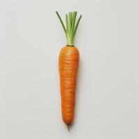 Fresh carrot with attached stems on a white surface. photo