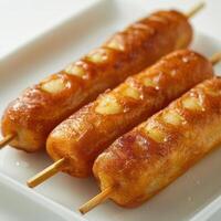Three fried sausages on sticks, served in a presentation that suggests they are ready to be eaten. photo