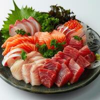 Plate of raw fish and vegetables in sushi form, served on a dark plate with garnish. photo