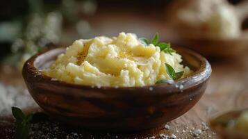 a bowl of mashed potatoes on a table photo