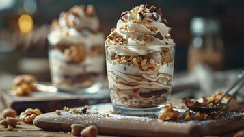 a dessert in a glass with a spoon and spoon rest on a table photo